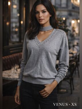“Venus Gray Studded V-Neck Choker Sweater Top XS Edgy Chic”